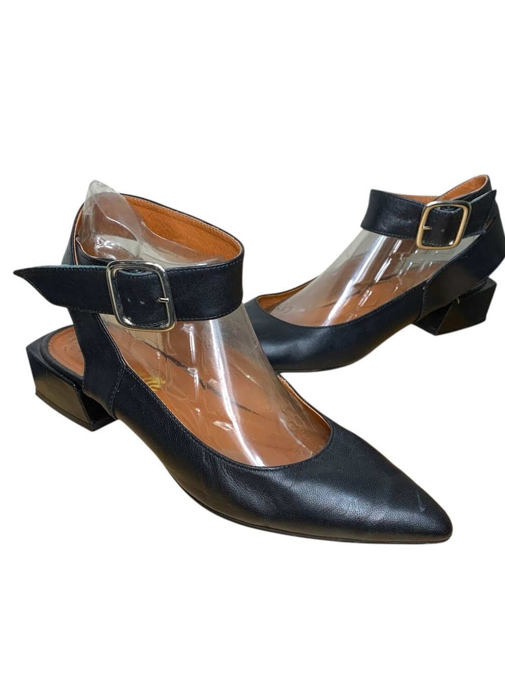 L’Intervalle Black Leather Pointed Shoes Ankle-Strap Flats Sz 41 Made Spain